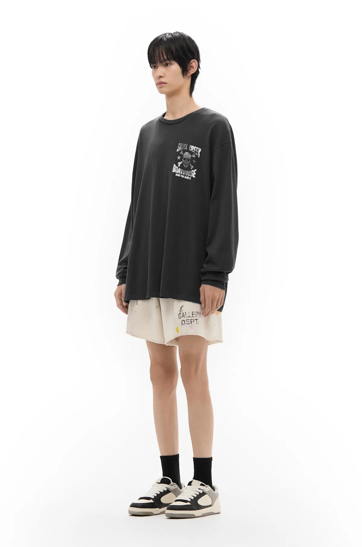 GALLERY DEPT. SKULL CREEK L/S TEE/BLK Glitter skull surf long sleeves, washed black S-XL, genuine development, correct version, garment dyed, washed and distressed, printing has a full sense of distress